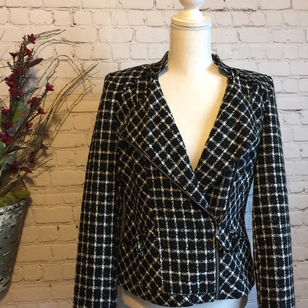 ALLEN SCHWARTZ Black and White Moto Style Blazer M